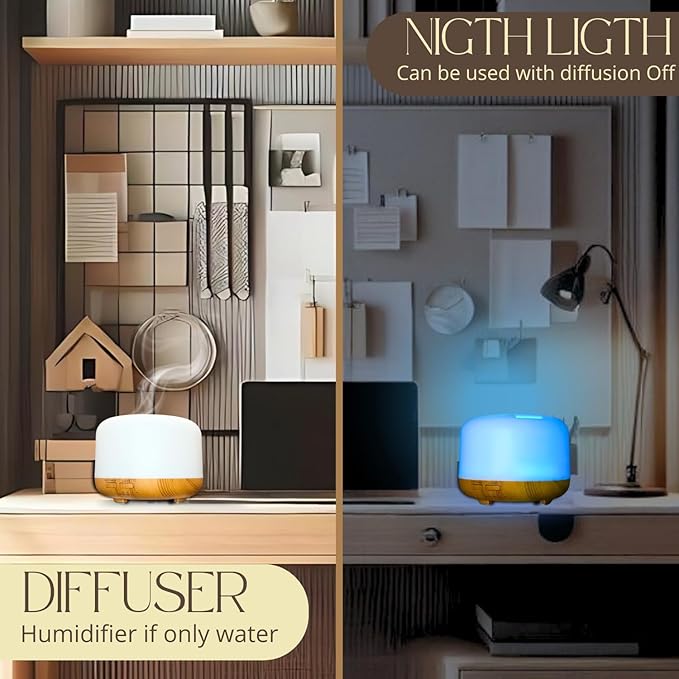 Mystic Romance Essential Oil Diffuser, 300ml Aromatherapy Humidifer and Nigth Ligth for Relaxing Atmosphere in Home Office Yoga and Spa, for Everyone, Auto-Off Safety Switch. Light Wood