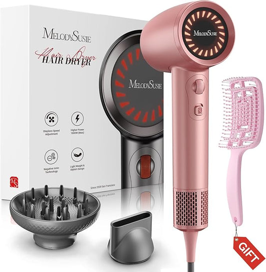 MelodySusie Hair Dryer with Diffuser, 1600W Fast Drying Low Noise Ionic Hair Dryer for Curly Hair with Diffuser,Nozzle and Hair Brush,120,000 RPM Blow Dryer Ideal for Women