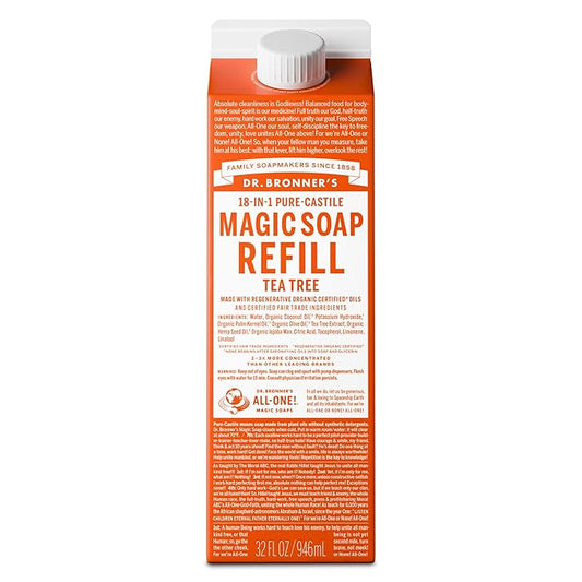 Dr. Bronner's Magic Soap-Pure-Castile Liquid Soap Refill (Tea Tree, 32 ounce, 1-Pack)-Regenerative Organic Certified Oils, For Body, Hair, Laundry, Pets & Dishes, Concentrated, Vegan, Non-GMO