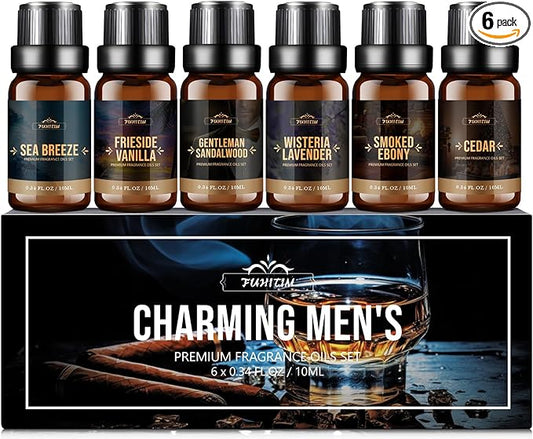 FUHITIM Fragrance Oil, Charming Men's Set Diffuser Oil for Home, Soap & Candle Making Scents, Aromatherapy Essential Oils -Sea Breeze, Fireside Vanilla, Cedar and More(6 * 10ML)