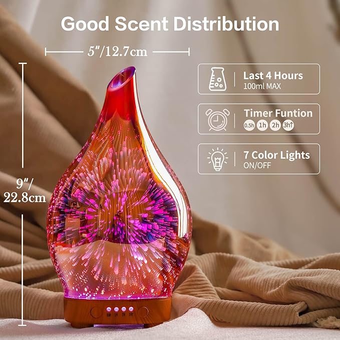 Porseme Essential Oil Diffuser Hand-Blown Glass Aroma Diffusor, Aromatherapy Unltrasonic Cool Mist deffuser, 7 Color Changing, Waterless Shut-Off, Timer Function for Home Office(150ml, Rose Gold)