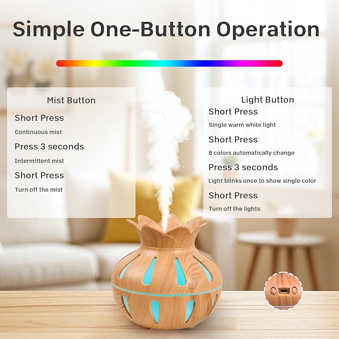 330ml Essential Oil Diffuser, Small Humidifiers for Bedroom with USB Charging, LED Lights, 2 Filter Sticks, Portable Wood Grain Quiet Aromatherapy Mist Diffusers, Home Decor, Gifts