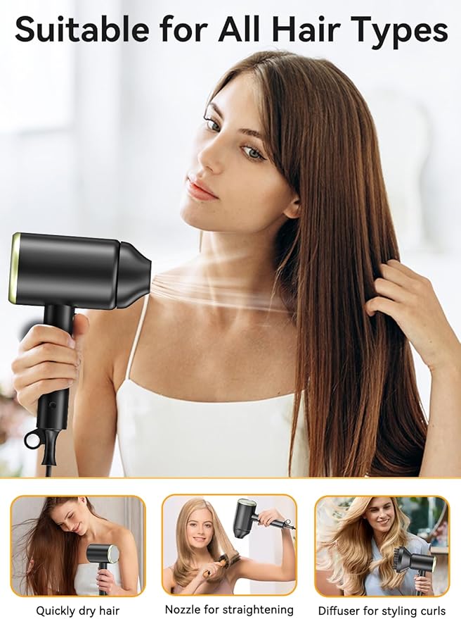 Hair Dryer, Ionic Blow Dryer - Fast Drying, Low Noise, Foldable Portable with Diffuser and Nozzle, Compact Mini for Women and Men - 1 Pack
