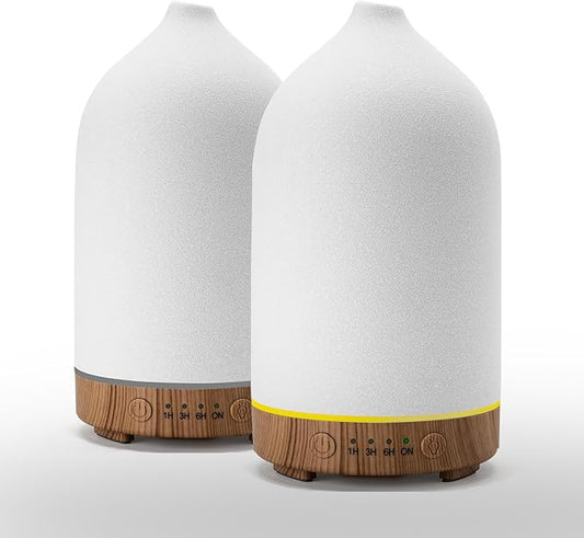 Gooamp 200ML Ceramic Essential Oil Diffuser (Set of 2) - Ultrasonic Aromatherapy & Humidifier with 7-Color LED Lights, Auto Shut-Off, Wood Grain Base, 1H/3H/6H Timer | Scent for Home, Office, Yoga