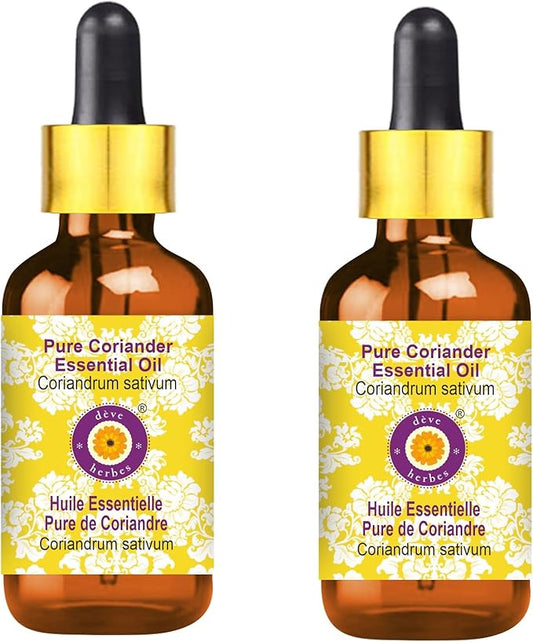 Deve Herbes Pure Coriander Essential Oil (Coriandrum sativum) with Glass Dropper Steam Distilled (Pack of Two) 100ml X 2 (6.76 oz)