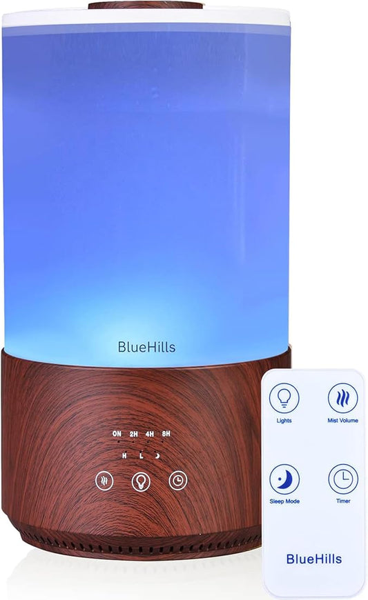 BlueHills Premium 4000 ml Tall Essential Oil Diffuser 4L 4 Liter 50 Hour Run with Remote Timer Aroma Humidifier 1 Gallon Big Capacity High Mist Output for Large Room Lights Dark Wood Grain XL T402