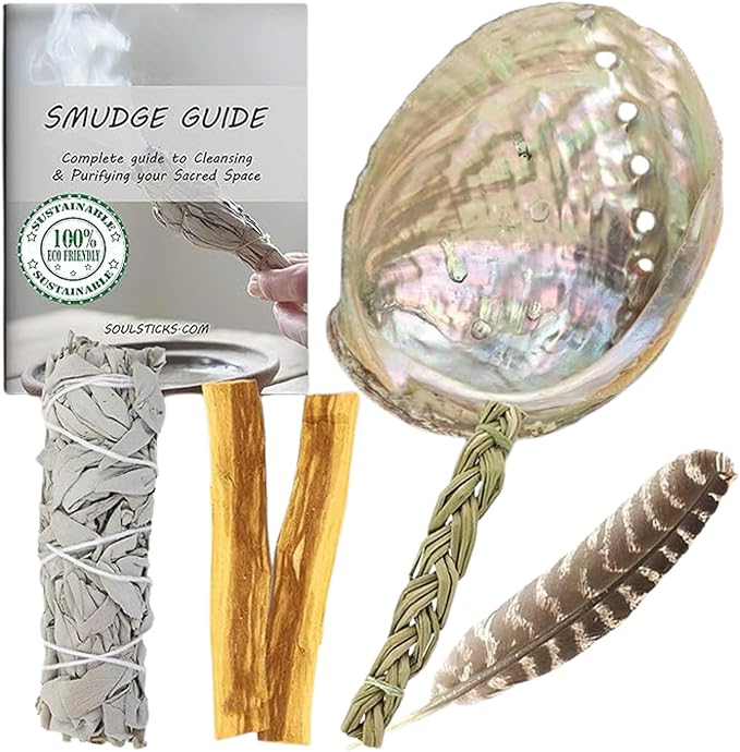 Ancient VEDA Organic Smudge Kit – California White Sage, Palo Santo, Sweetgrass, Abalone Shell, Feather & Smudge Guide | Smudging Kit for Home Energy Cleansing, Meditation, (Healer's Kit, White Sage)