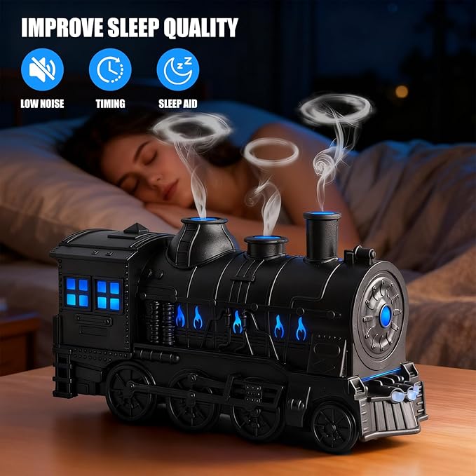 Jellyfish-Shaped Train Humidifier & Aroma Diffuser for Bedroom, 300ml Cool Mist Dual Outlet with 2/8H Timer, Essential Oil Diffusers for Kids Room, Office Desk, Nursery, Desktop Humidifier (Black)