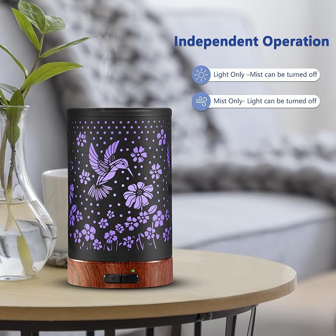 EQUSUPRO Essential Oil Diffuser Metal Aroma Diffuser for Home 150ml Ultrasonic Cool Mist Diffuser with 7 Colors Light Auto Shut-Off for Home Office Decor & Gift(Hummingbird)