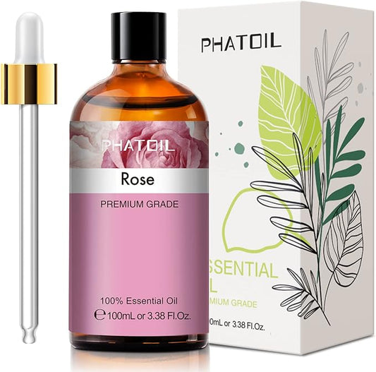 PHATOIL 3.38FL.OZ Rose Essential Oil with Glass Dropper, for Aromatherapy Diffusers, Humidifiers, Great for DIY Candle and Soap Making, Huge 100ML Bottle