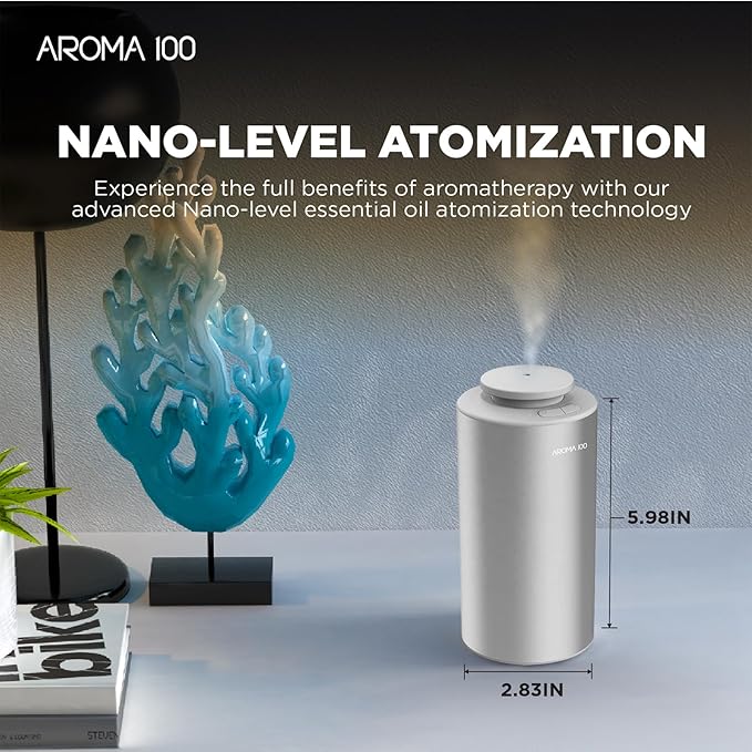 Waterless Diffuser for Essential Oil, 500sq.ft Coverage Battery Operated Nebulizer Rechargeable Mini Scent Diffusers for Home Cars Room Office 3 Timers & 3 Mist Levels