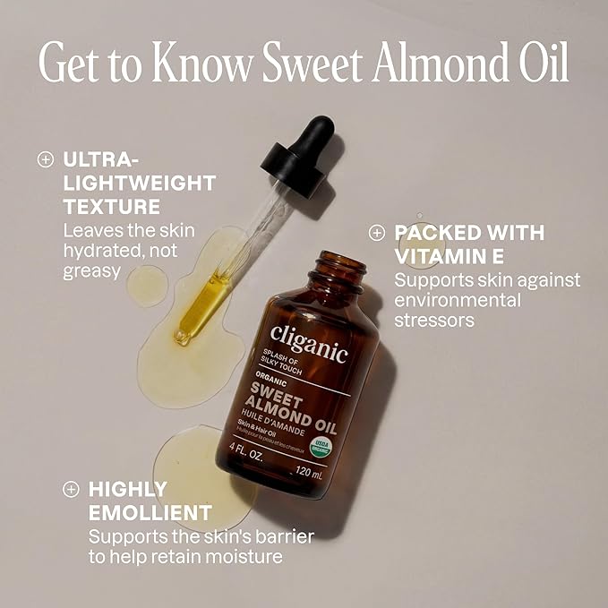 Cliganic Organic Sweet Almond Oil, 100% Pure - for Skin & Hair, Nourishing Carrier Oil for Face & Body
