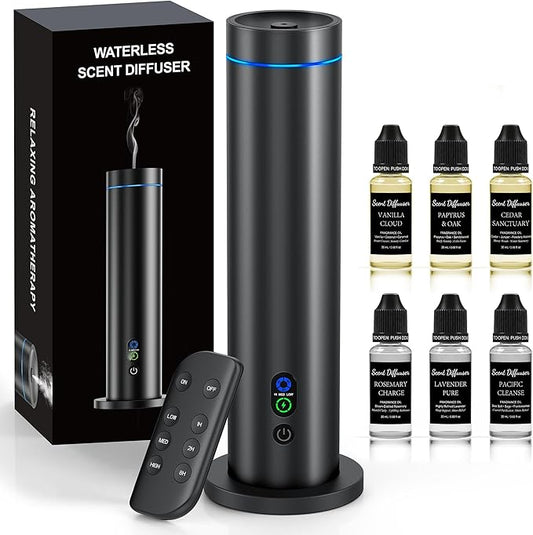 Waterless Diffuser, 1000 Sq.Ft Coverage, Essential Oil Diffuser– Plug-in Only, Remote Control, Adjustable Mist Mode, Mood Lights Aromatherapy Diffuser for Home, Large Room, Office, Hotel, Black