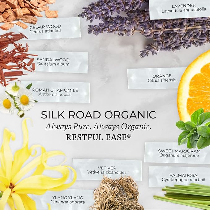 Silk Road Organic Restful Ease Essential Oil Sleep & Stress Blend Roll On - 100% Pure USDA Certified with Indian Sandalwood - Stress Ease Aromatherapy & Calming Relaxation - 10 ml Roller