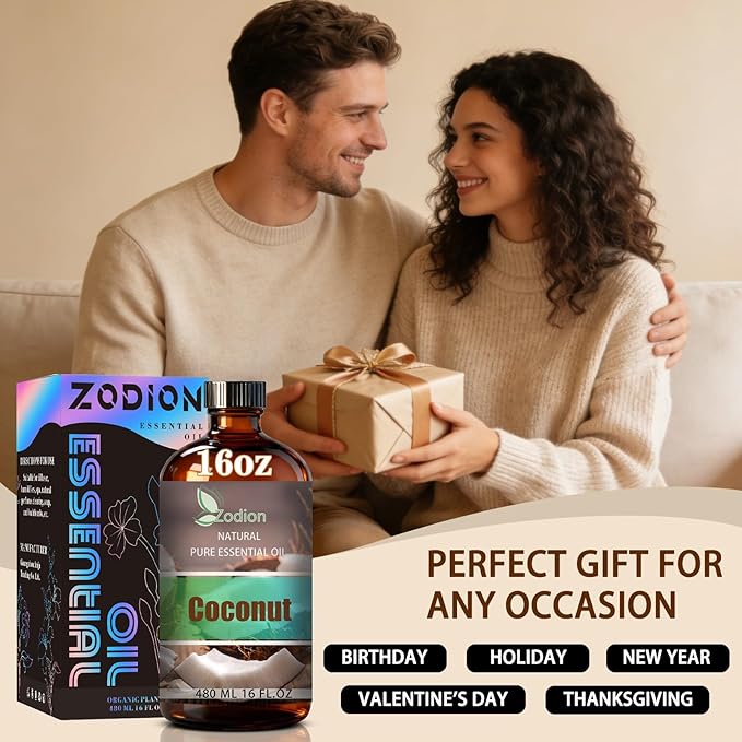 Coconut Essential Oil, 16 fl oz (480ml) - ZODION Coconut Fragrance Oil for Diffuser, Massage, Humidifier, DIY Candle, Soap Making, Home, Bath, Yoga
