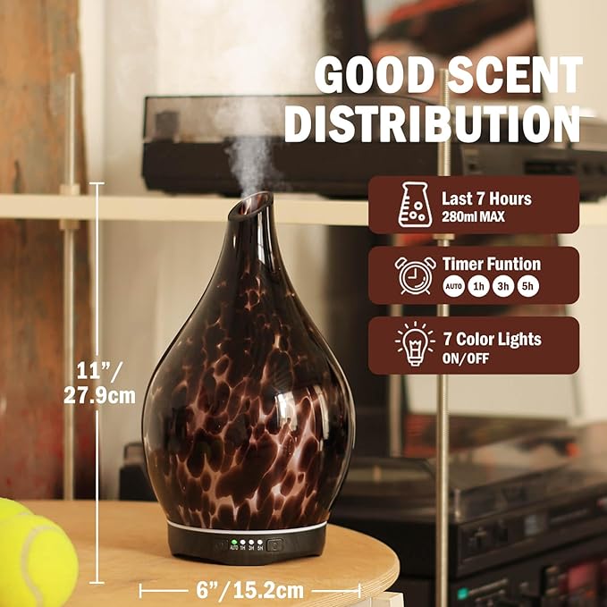 Porseme Essential Oil Diffuser Hand-Blown Glass Aroma Diffusor, Aromatherapy Unltrasonic Cool Mist deffuser, 7 Color Changing, Waterless Shut-Off, Timer Function for Home Office(280ml, Lava)