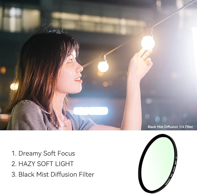 7artisans Black Mist Filter 1/4 Aluminum Alloy Natural Soft Diffuser Effect Dream Cinematic Effect Soft Focus Optical Glass Filter (77mm)