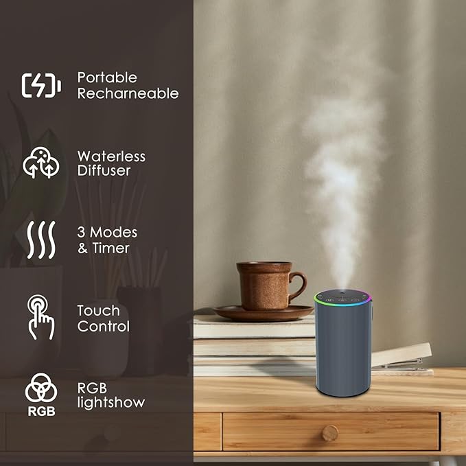 Waterless Essential Oil Diffuser, 7 Colors LED Light, Battery Powered Mini Scent Air Machine, Aromatherapy Mist Diffuser for Home Room Car Office，Black Aluminum Alloy (Black) (Gray2)