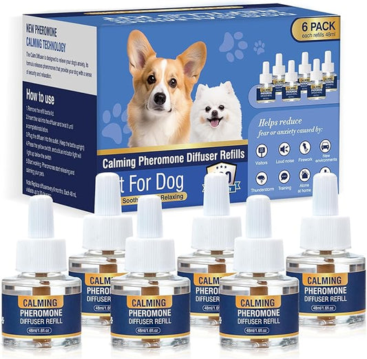 Dog Calming Diffuser Refills 6 Pack to Calm for Anxiety Relief Reduce Aggression Stress Fighting Barking Fit Pheromone Appeasing Pet Pheromones Refill 48ml Common Diffusers Plug in 180 Day(Tasteless)