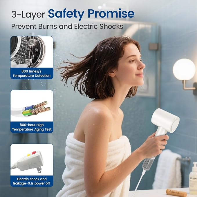 Hair Dryer with 150000 RPM High Speed 1400w Motor for 1-5min Fast Dry, 3 Heat/Cool Wind Level & 49db Low Noise,1.5 Billion Plasma & Industry-Leading Strong Magnetic Nozzle Diffuser Travel Blow Dryer