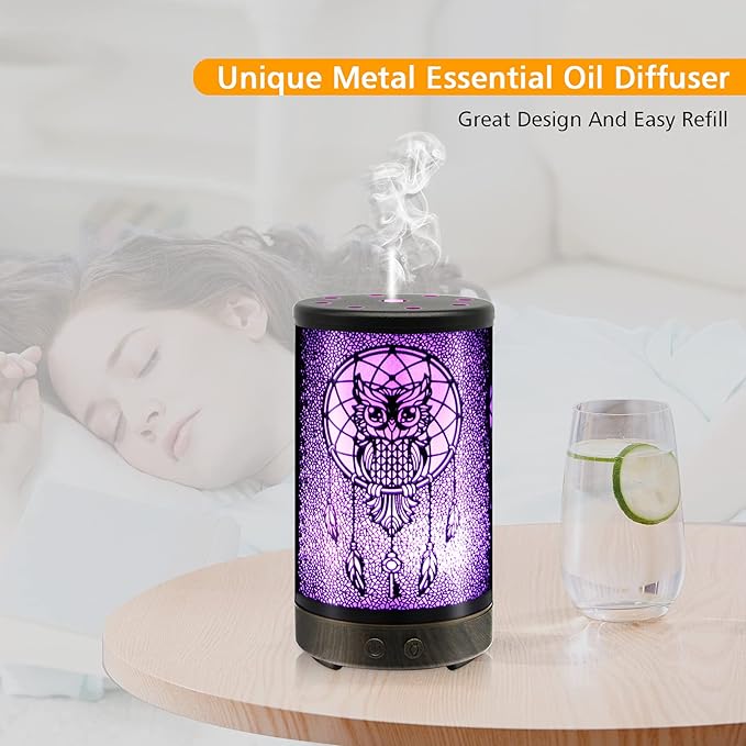 Owl Essential Oil Diffuser, DAROMA 100ml Metal Aromatherapy Ultrasonic Cool Mist Humidifier Air Scent Home Office Gift, 7 Colors Changed LED Mood Light, Waterless Auto-Off