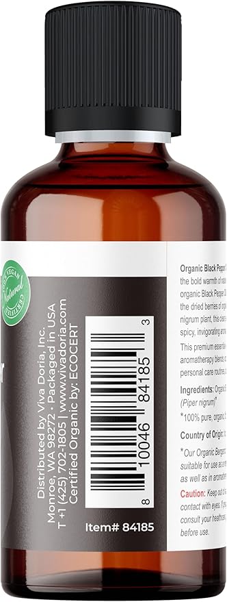 Viva Doria Black Pepper Essential Oil, USDA Certified, Organic Black Pepper Oil, 100% Pure, Natural Essential Oil, Undiluted, for Aromatherapy | Food Grade, 30 mL (1 Fluid Ounce)