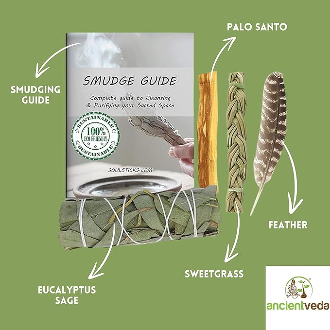 Ancient VEDA Organic Smudge Kit –Eucalyptus, Palo Santo, Sweetgrass Braid, Feather & Smudge Guide | Home Cleansing Kit for Meditation, Yoga, Energy Healing & Gift (Starter Kit, Eucalyptus Sage)
