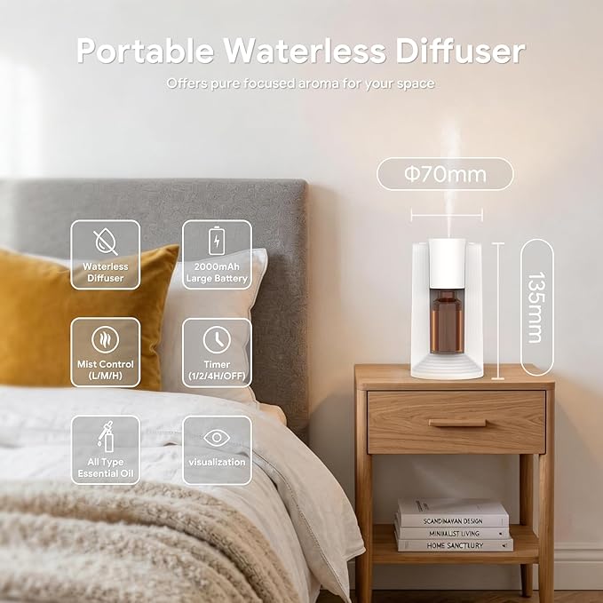 VOCOlinc Waterless Diffuser Starter Kit with 20mL Hotel Fragrance Oil, Battery Operated Nebulizer, 4 Timers ＆ 3 Mist Levels, Mini Scent Air Machine for Home, Room, Car, Office (White)