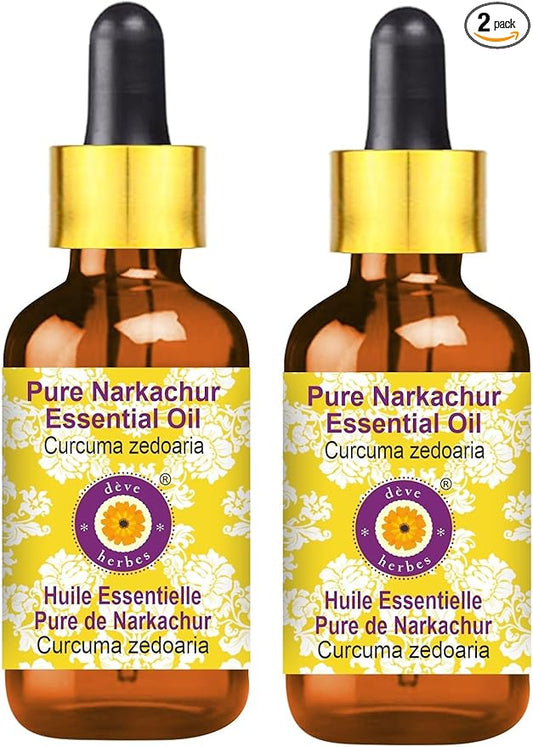 Deve Herbes Pure NAR Kachur Essential Oil (Curcuma zedoaria) with Glass Dropper Steam Distilled (Pack of Two) 100ml X 2 (6.76 oz)