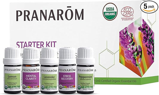 Pranarom - Essential Oil Starter Kit (Lavender, Lemon, Peppermint, Grapefruit, Sage) 5ml USDA Certified Organic