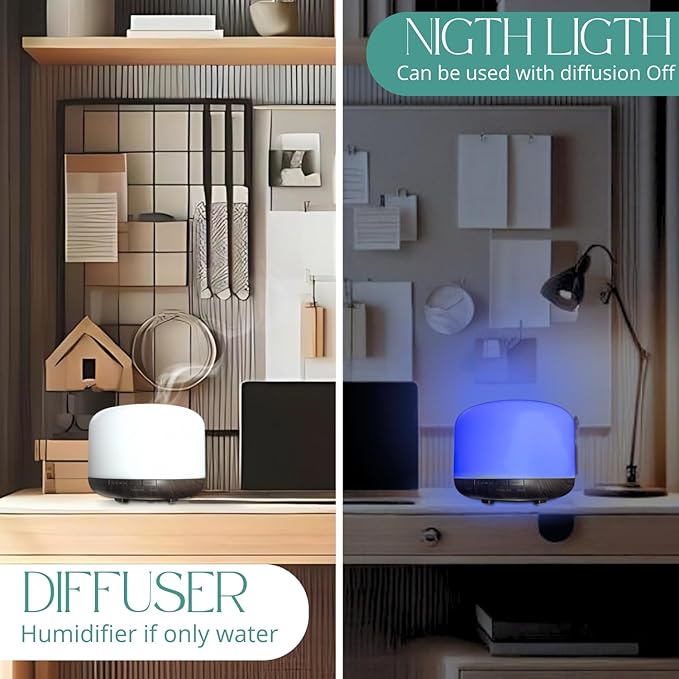 Mystic Romance Essential Oil Diffuser, 500ml Aromatherapy Humidifer and Nigth Ligth for Relaxing Atmosphere in Home Office Yoga and Spa, for Everyone, Auto-Off Safety Switch. Dark Wood