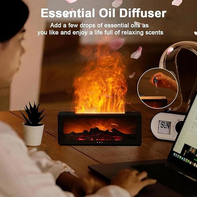 Fireplace Flame Air Diffuser Humidifier, Fireplace Flame Oil Diffuser 7 Colors Aromatherapy Essential Oil Diffuser,Ultrasonic Aroma Humidifier with Timer for Home,Bedroom,Office,Yoga (Black)