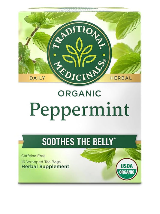 Traditional Medicinals Organic, Peppermint Tea - Helps Soothe Belly from Occasional Gas and Bloating - Kosher, Non-GMO, Caffeine-Free, Compostable - 16 Tea Bags