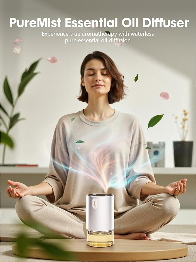 Waterless Essential Oil Diffuser, Rechargeable Aromatherapy Scent Diffusers for Home, Car, Bedroom, Office, 1/2/4/8-Hour Timer, 100ml Capacity, 3 Mist Levels, Silver