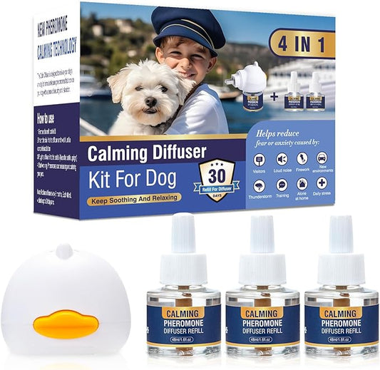 Dog Pheromone Calming Diffuser 4 in 1 Appeasing Pet Pheromones Diffuser to Calm Kit (Plug in+ 3 Pack 48ml Refill) for Anxiety Relief Reduce Barking Aggression Fighting Stress