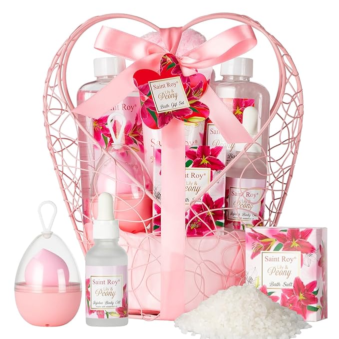 Mothers Day Gifts for Mom Gifts Basket Christmas Gifts for Women Spa Set Lily & Peony Home Spa Set, Beauty Personal Care Set Jojoba Oil, Spa Self Care Kit, Bath Body For Thank You, Birthday
