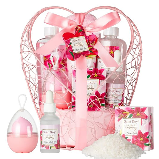 Mothers Day Gifts for Mom Gifts Basket Christmas Gifts for Women Spa Set Lily & Peony Home Spa Set, Beauty Personal Care Set Jojoba Oil, Spa Self Care Kit, Bath Body For Thank You, Birthday