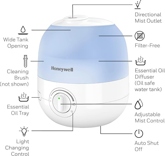 Honeywell Ultra Glow Light Changing Humidifier and Diffuser – Cool Mist Humidifier for Bedroom or Office with Essential Oil Diffuser