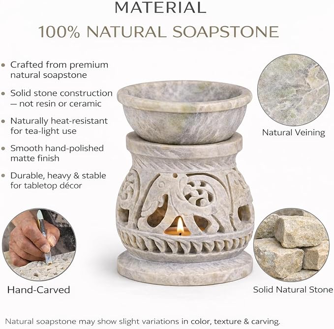 Marble Soapstone Candle Aroma Burner | Oil Diffuser | Tea Light Holder | Wax Burner- Handmade Elephant Carving for Gifting. Decorative Home and Office Decor.
