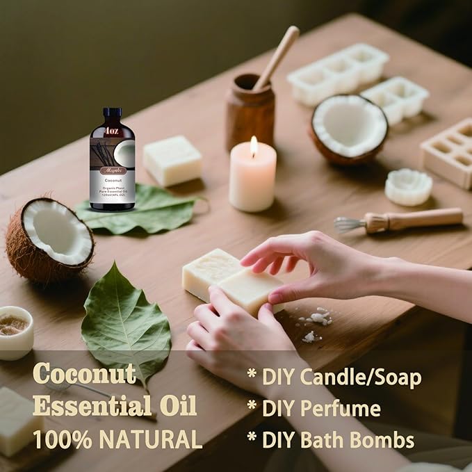 Coconut Essential Oil – MLYNKL Coconut Oils 4.33 fl oz for Diffusers, Humidifiers, Massage, DIY Candles, Soap, Cleaning, Home, Yoga, Office, Gifts - 130 ml