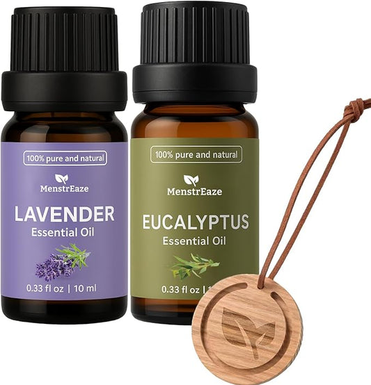 Lavender & Eucalyptus Essential Oils with Wood Car Diffuser | 100% Pure & Natural | Aromatherapy Set for Relaxation, Breathing, and Stress Relief | Hanging Diffuser with Leather Strap