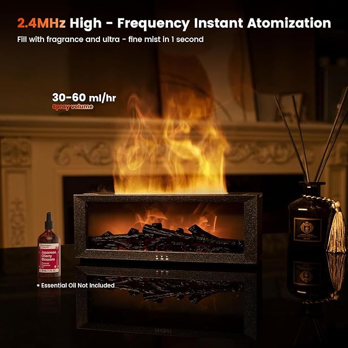 Fireplace Diffusers for Essential Oils Fireplace Humidifier with Remote 150ml Fireside Ultrasonic Humidifier Bonfire Flame Diffuser with 7 Colors Light for Home Room Office (Black)