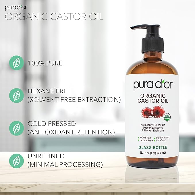 PURA D'OR ORGANIC Castor Oil (16.9 Oz GLASS BOTTLE) Pure Cold-Pressed Hexane-Free USDA Certified – Lashes Brows Hair Scalp Skin – Botanical Moisturizer for Softness Strength Hydration Shine Radiance