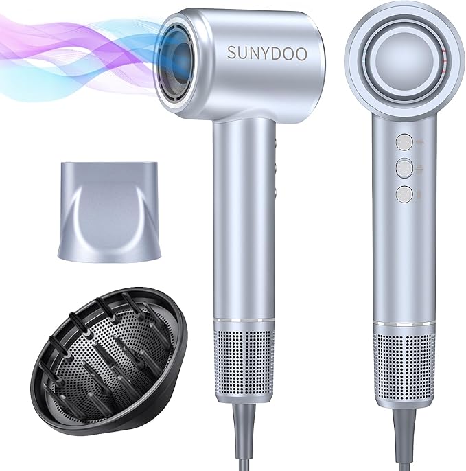 Hair Dryer with Diffuser and Nozzle,High Speed Hair Dryer with Brushless Motor for Fast Drying,Low Noise Thermo-Control (Grey)