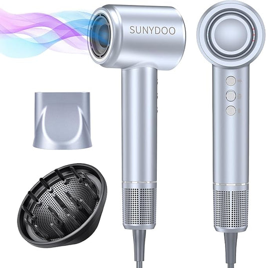 Hair Dryer with Diffuser and Nozzle,High Speed Hair Dryer with Brushless Motor for Fast Drying,Low Noise Thermo-Control (Grey)
