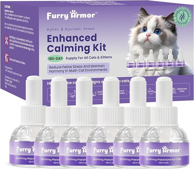 Cat Calming Pheromone Diffuser Refills, 6‑Pack (48ml Each) – Odorless & Long‑Lasting – Reduces Scratching, Peeing, Meowing, Hiding, Marking & Aggression – Compatible with Most Bases