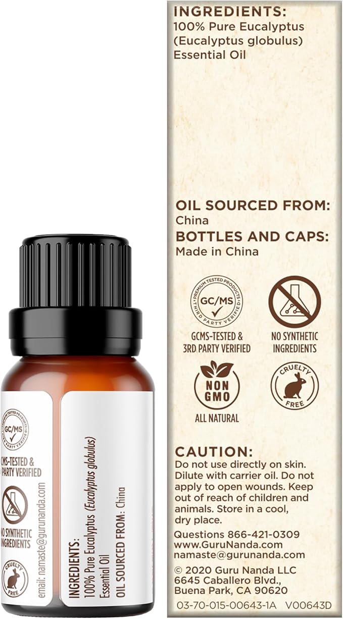 GuruNanda Eucalyptus Essential Oil -100% Pure, Natural and Undiluted Aromatherapy Oil for Diffusers - Enhances Your Breathing Space- Perfect for Massages (0.5 Fl Oz)
