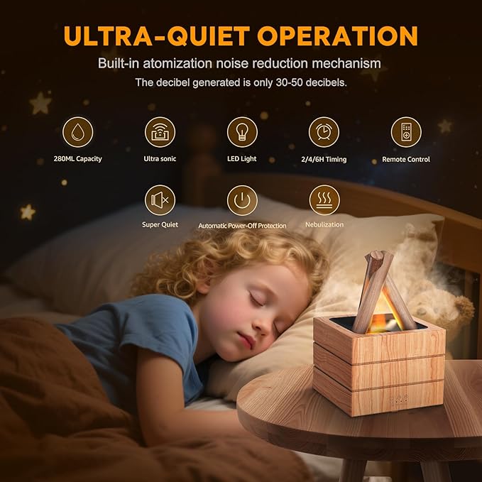 Campfire Flame Fire Diffuser, Bonfire Aromatherapy Essential Oil Diffuser, 280ml Wood Cool Mist Humidifier for Home,Bedroom,Office, Remote Control, Auto Shut-Off, Night Light, Gift (Wood Grain)