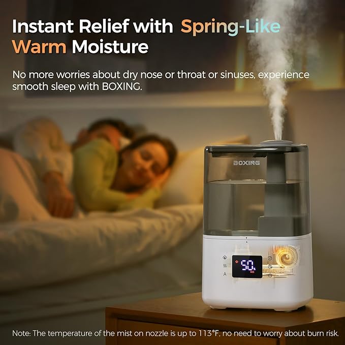 BOXING 4.5L Warm and Cool Mist Ultrasonic Humidifier for Bedroom Large Room, Top Fill Essential Oil Diffuser with Remote, Auto Shut-Off Quiet Sleep Mode, Humidistat, Timer, BPA-Free, 45H Runtime