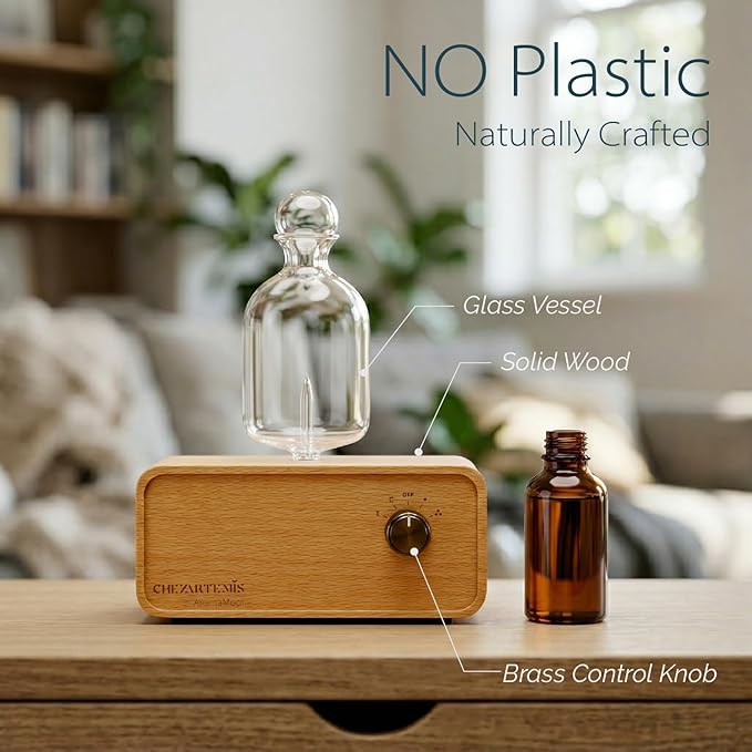 Aria Waterless Diffuser for Essential Oils, Retro Glass Nebulizing Diffuser with Solid Wood Base, Cordless Aromatherapy Dispenser for Large Room, Rechargeable for Home Office Yoga, LED & Timer